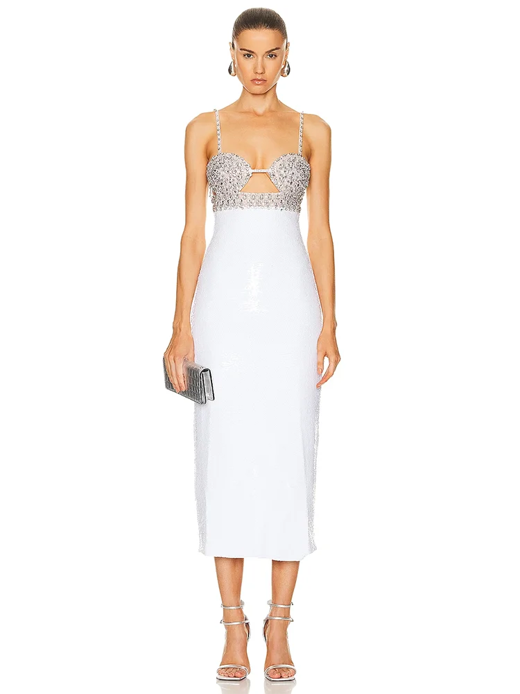 Spaghetti Strap Luxury Diamond Sequin Dress White Backless Midi Party