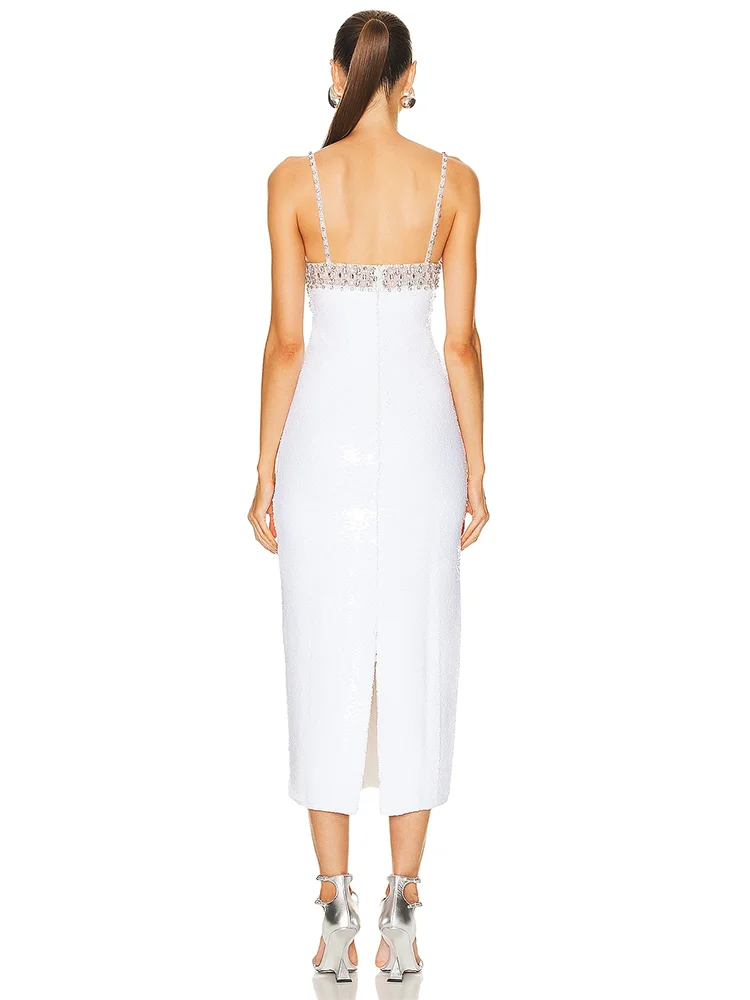 Spaghetti Strap Luxury Diamond Sequin Dress White Backless Midi Party