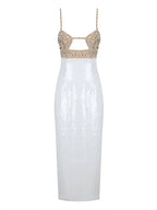 Spaghetti Strap Luxury Diamond Sequin Dress White Backless Midi Party