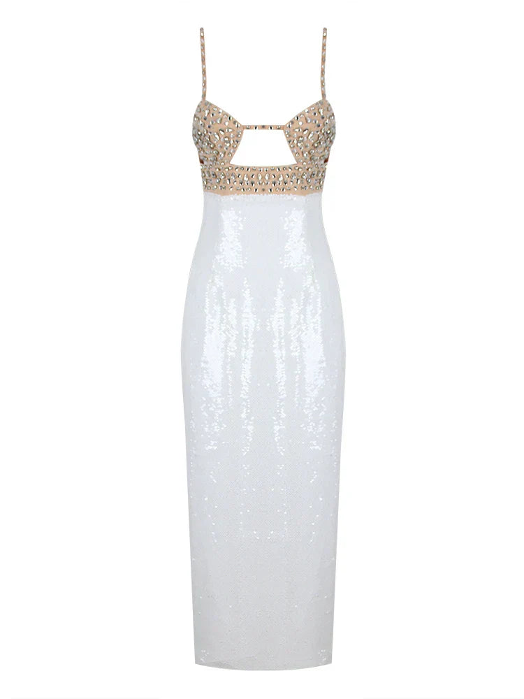 Spaghetti Strap Luxury Diamond Sequin Dress White Backless Midi Party