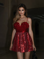 Spaghetti Strap Sequins Flower Mini A-Line Backless Party Dress