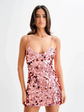 Spaghetti Strap Shiny Sequins Mini Dress Women Pink Party