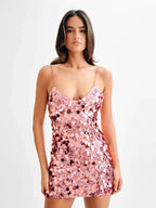 Spaghetti Strap Shiny Sequins Mini Dress Women Pink Party