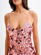 Spaghetti Strap Shiny Sequins Mini Dress Women Pink Party