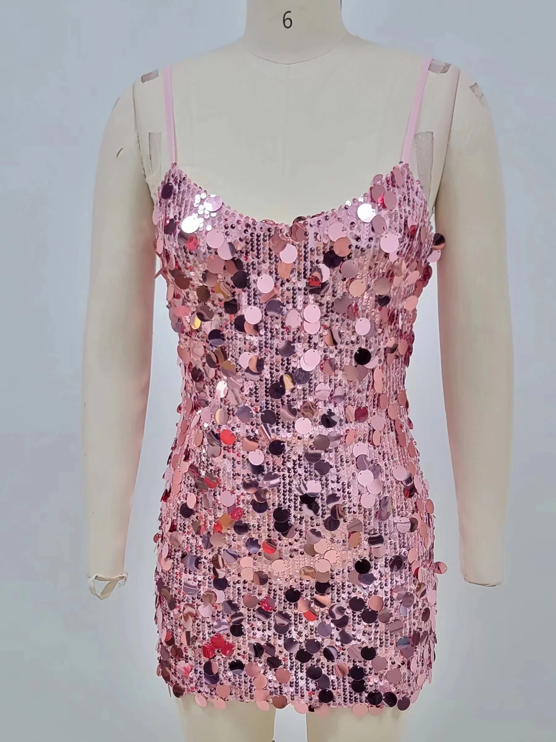 Spaghetti Strap Shiny Sequins Mini Dress Women Pink Party