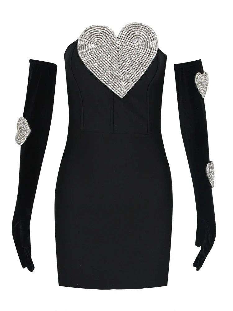Strapless Heart Diamonds Bandage Gloves Black Backless Bodycon Party Dress