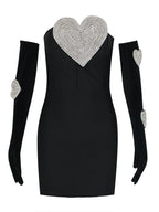Strapless Heart Diamonds Bandage Gloves Black Backless Bodycon Party Dress