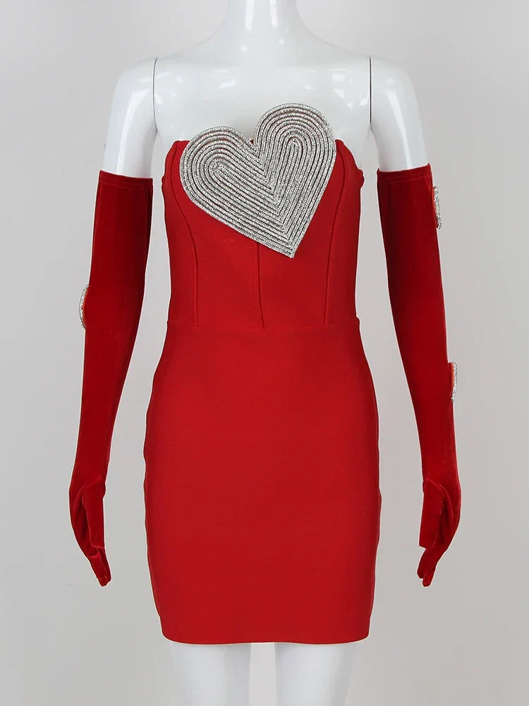 Strapless Heart Diamonds Bandage Gloves Black Backless Bodycon Party Dress