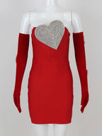 Strapless Heart Diamonds Bandage Gloves Black Backless Bodycon Party Dress