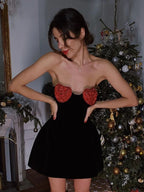 Strapless Heart Shape Crystal Design Mini Dress Velvet A-Line Party