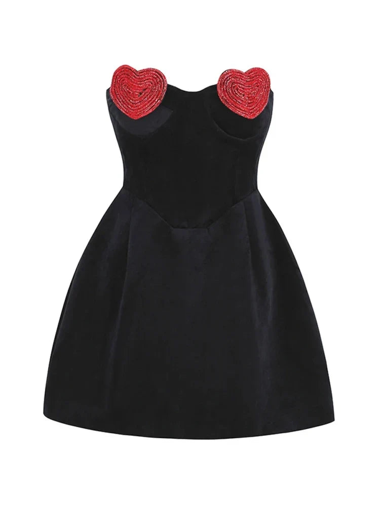 Strapless Heart Shape Crystal Design Mini Dress Velvet A-Line Party