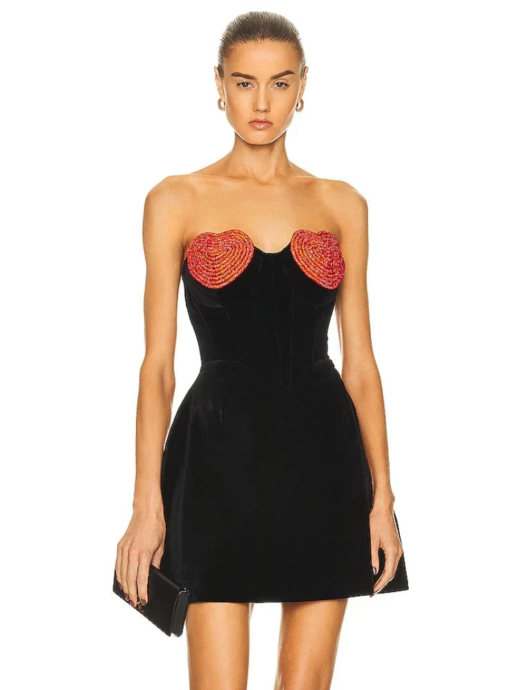 Strapless Heart Shape Crystal Design Mini Dress Velvet A-Line Party