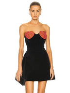Strapless Heart Shape Crystal Design Mini Dress Velvet A-Line Party