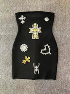 Strapless Luxury Diamonds Bandage Black Sleeveless Beaded Mini Evening Party Dress