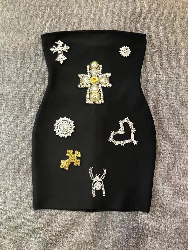 Strapless Luxury Diamonds Bandage Black Sleeveless Beaded Mini Evening Party Dress