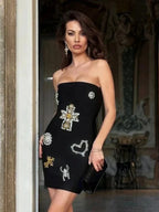 Strapless Luxury Diamonds Bandage Black Sleeveless Beaded Mini Evening Party Dress