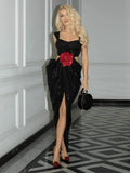 Straps 3D Flower Shiny Sequins Folds Long Cutout Slim Party Dress