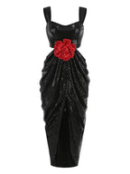 Straps 3D Flower Shiny Sequins Folds Long Cutout Slim Party Dress