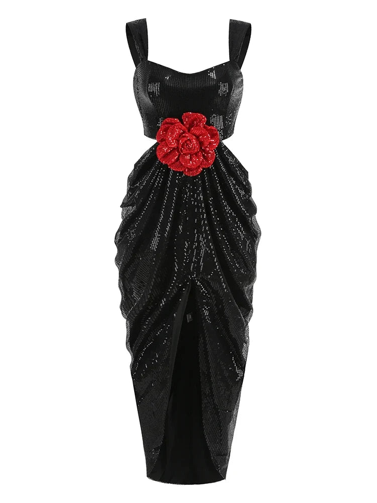 Straps 3D Flower Shiny Sequins Folds Long Cutout Slim Party Dress