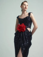 Straps 3D Flower Shiny Sequins Folds Long Cutout Slim Party Dress