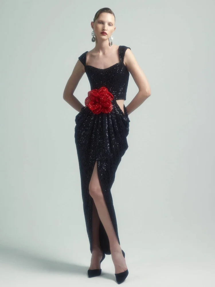 Straps 3D Flower Shiny Sequins Folds Long Cutout Slim Party Dress