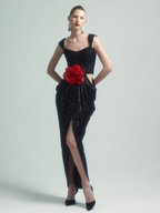 Straps 3D Flower Shiny Sequins Folds Long Cutout Slim Party Dress