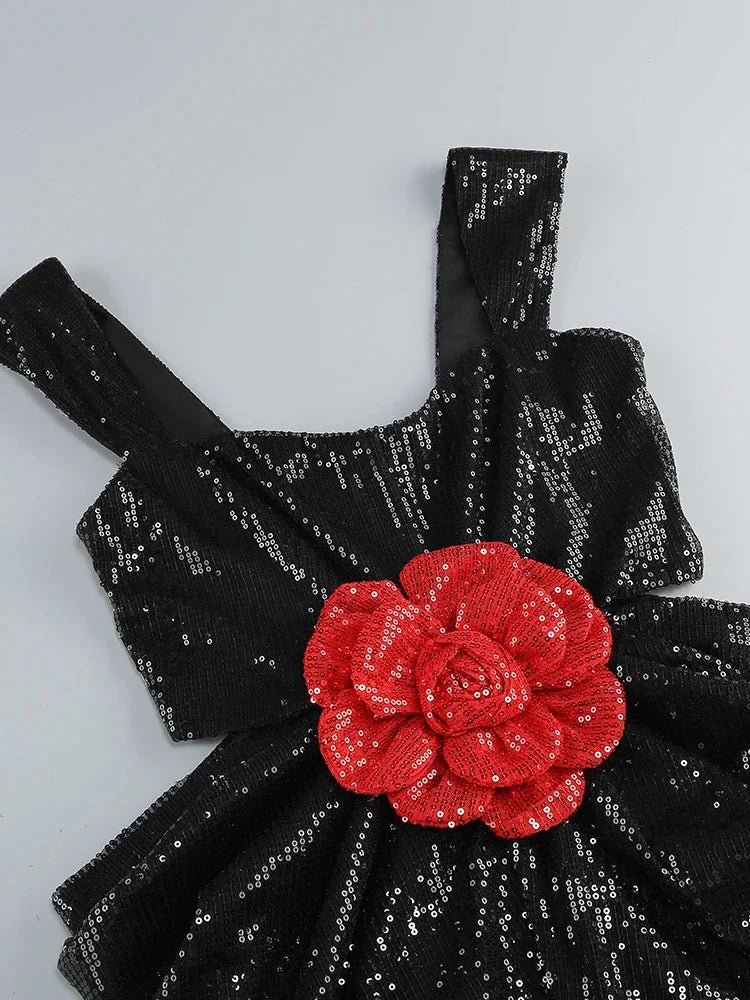 Straps 3D Flower Shiny Sequins Folds Long Cutout Slim Party Dress