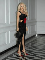 Straps 3D Flower Shiny Sequins Folds Long Cutout Slim Party Dress