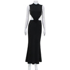Elegant Hollow Back Solid Color Turtle Neck Sleeveless Dress Party