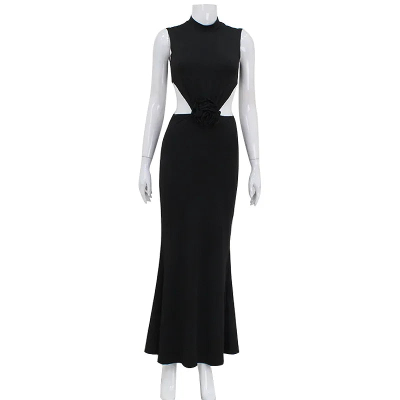 Elegant Hollow Back Solid Color Turtle Neck Sleeveless Dress Party