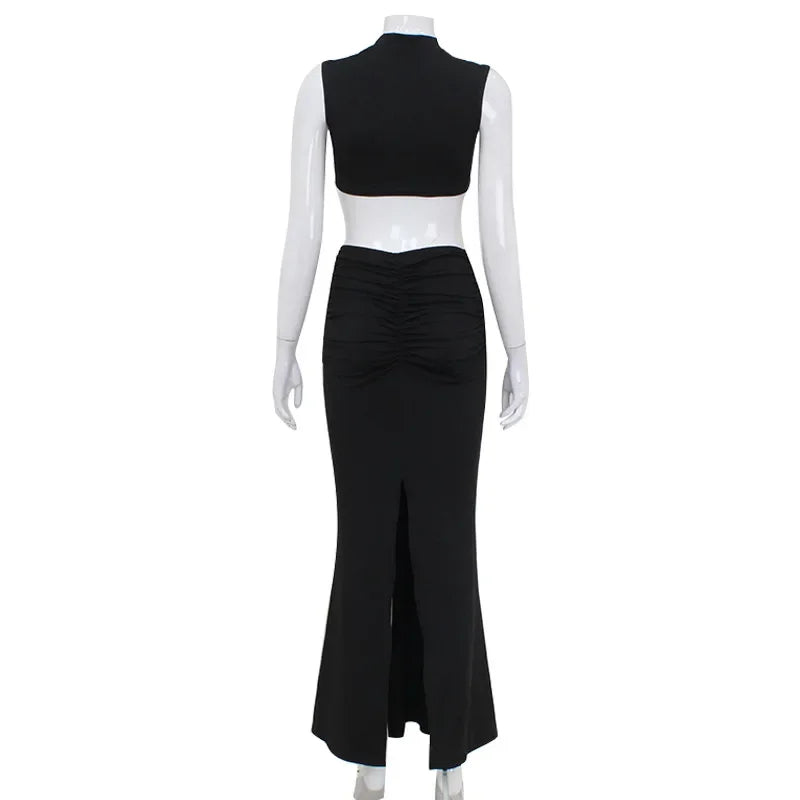 Elegant Hollow Back Solid Color Turtle Neck Sleeveless Dress Party