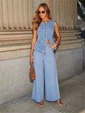 Streetwear Denim Wide Leg Office Two Piece Set