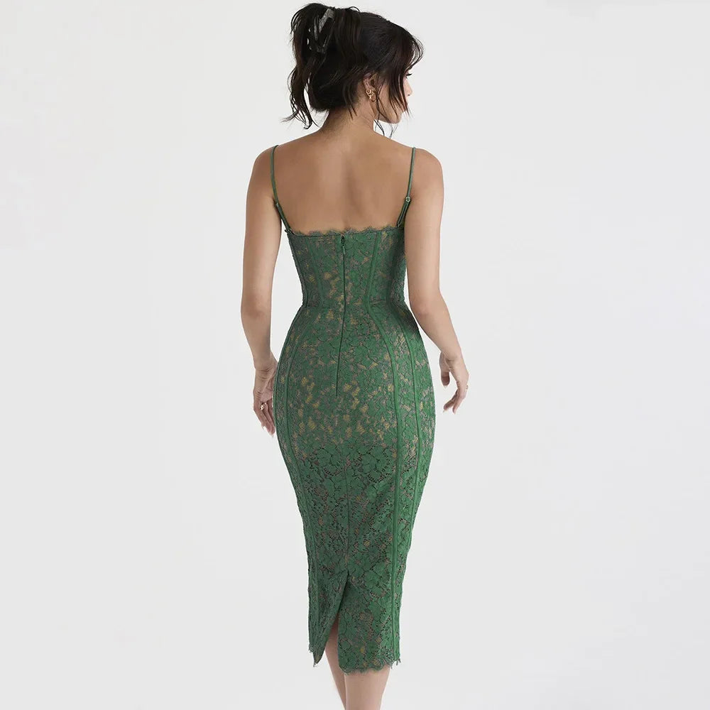 Elegant Spaghetti Strap V Neck Lace Formal Occasion Dress For Party