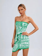 Summer Asymmetric Strapless Top Mini Skirts Two Piece Party Dress
