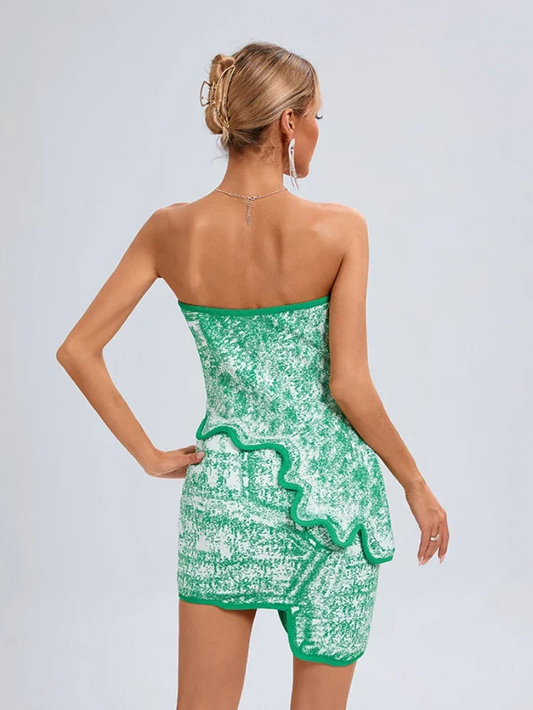 Summer Asymmetric Strapless Top Mini Skirts Two Piece Party Dress