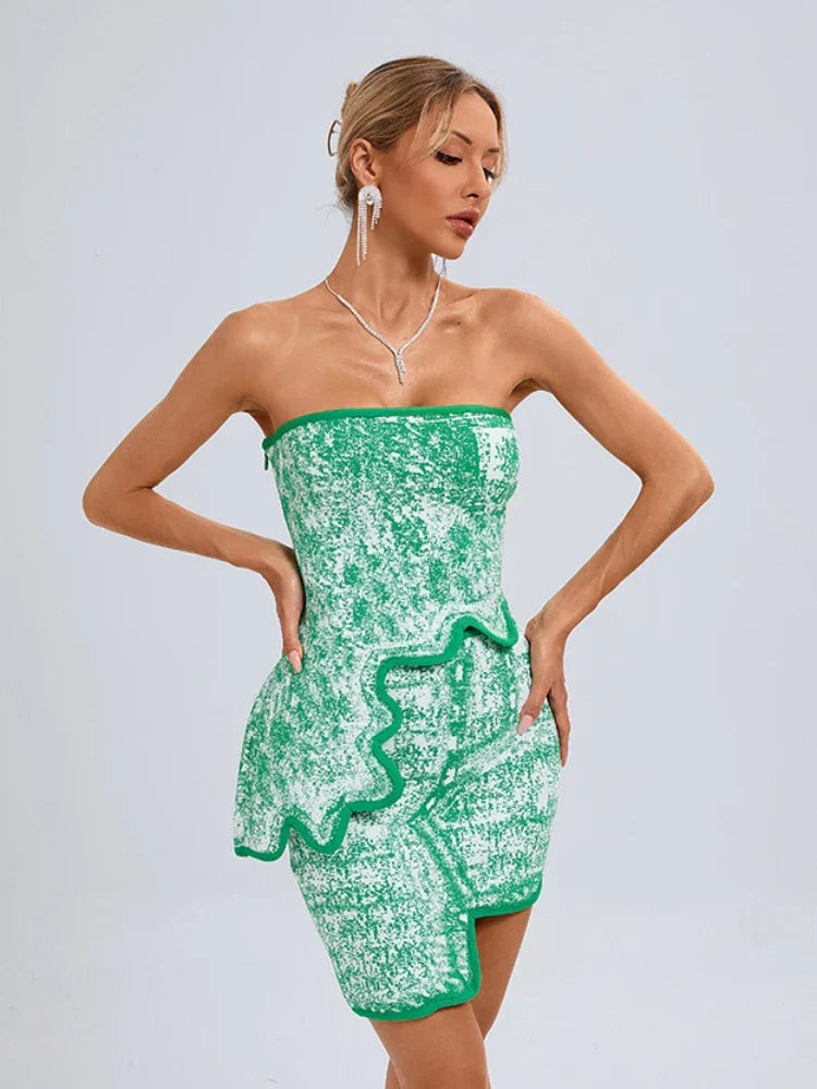 Summer Asymmetric Strapless Top Mini Skirts Two Piece Party Dress