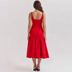 Elegant Red Spaghetti Strap Midi Holiday Dress Casual Birthday Party Dresses
