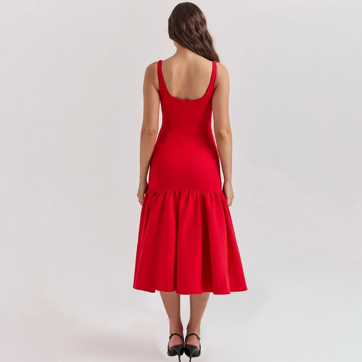 Elegant Red Spaghetti Strap Midi Holiday Dress Casual Birthday Party Dresses