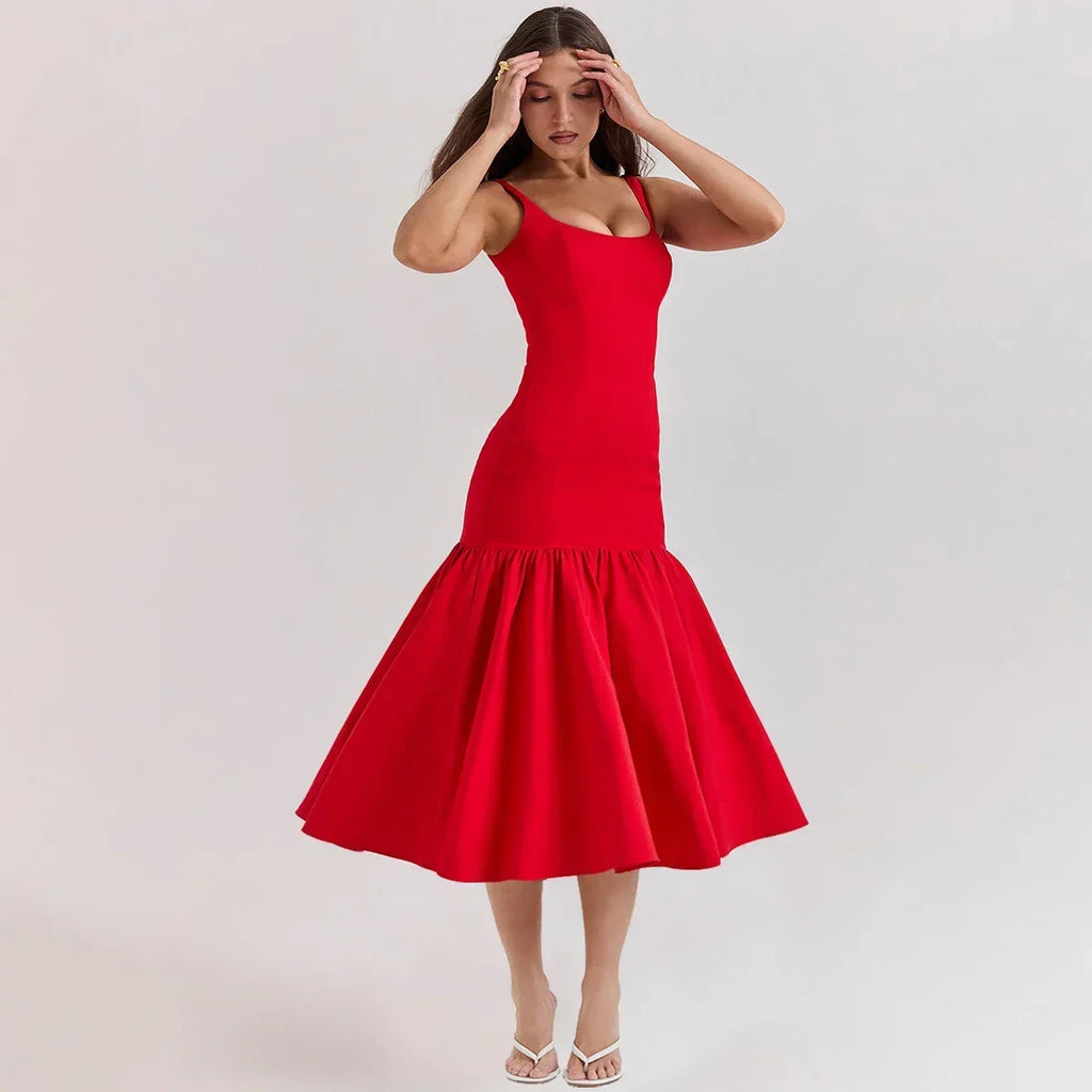 Elegant Red Spaghetti Strap Midi Holiday Dress Casual Birthday Party Dresses
