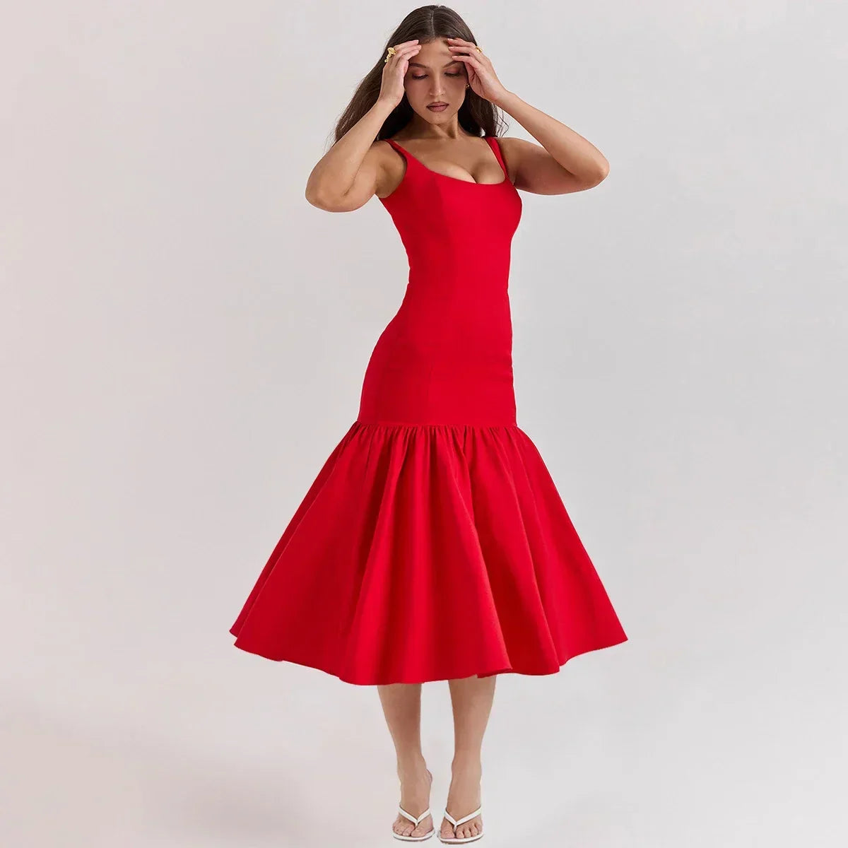Elegant Red Spaghetti Strap Midi Holiday Dress Casual Birthday Party Dresses