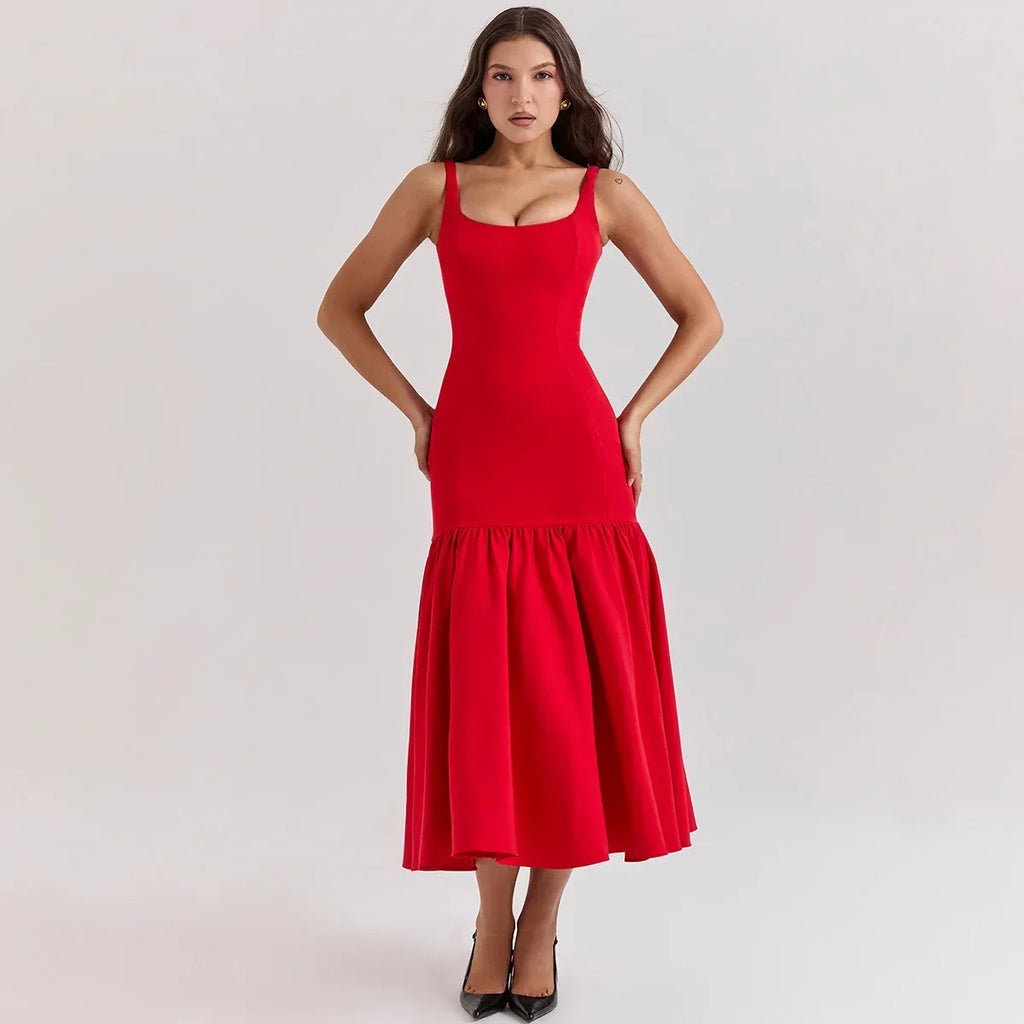 Elegant Red Spaghetti Strap Midi Holiday Dress Casual Birthday Party Dresses