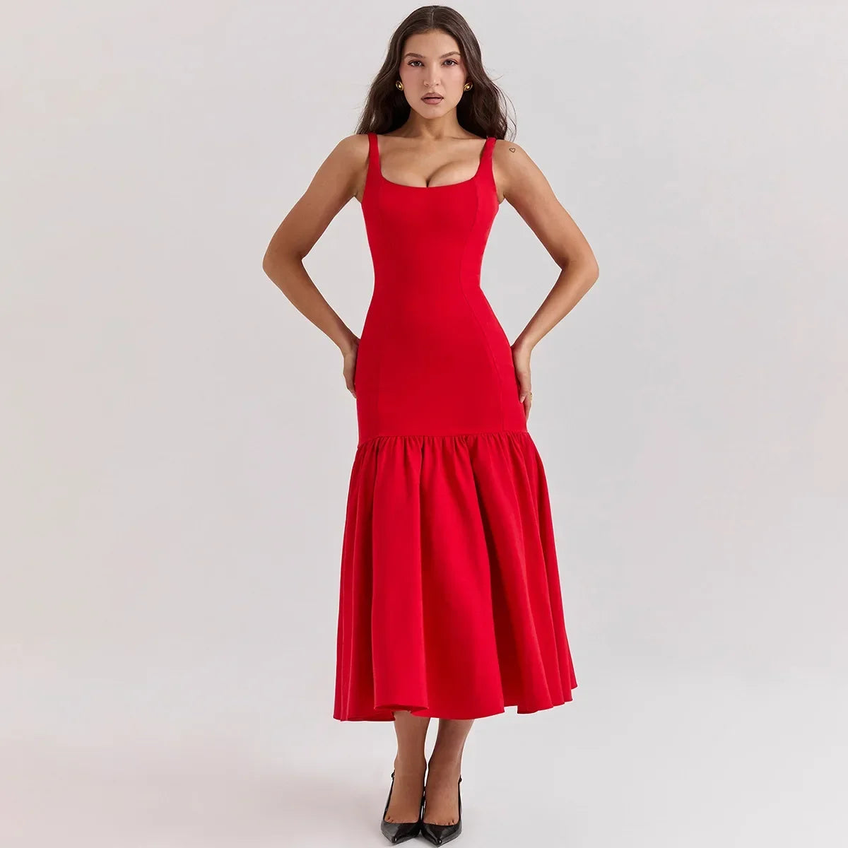 Elegant Red Spaghetti Strap Midi Holiday Dress Casual Birthday Party Dresses