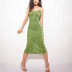 Vintage Green Velvet Burnt Flower Long Strap Backless Sleeveless Boho Party Dress