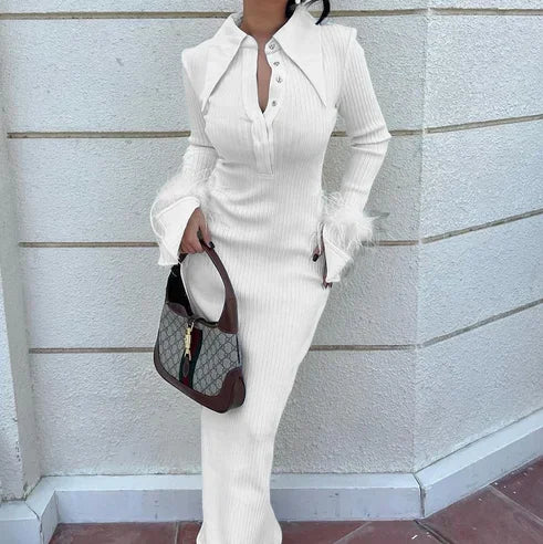 French Y2K Feather Polo Collar Party Dress