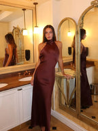 Satin Backless Halter Lace Up Dress
