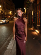 Satin Backless Halter Lace Up Dress