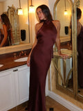 Satin Backless Halter Lace Up Dress