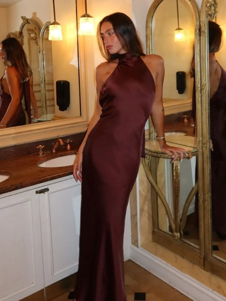 Satin Backless Halter Lace Up Dress