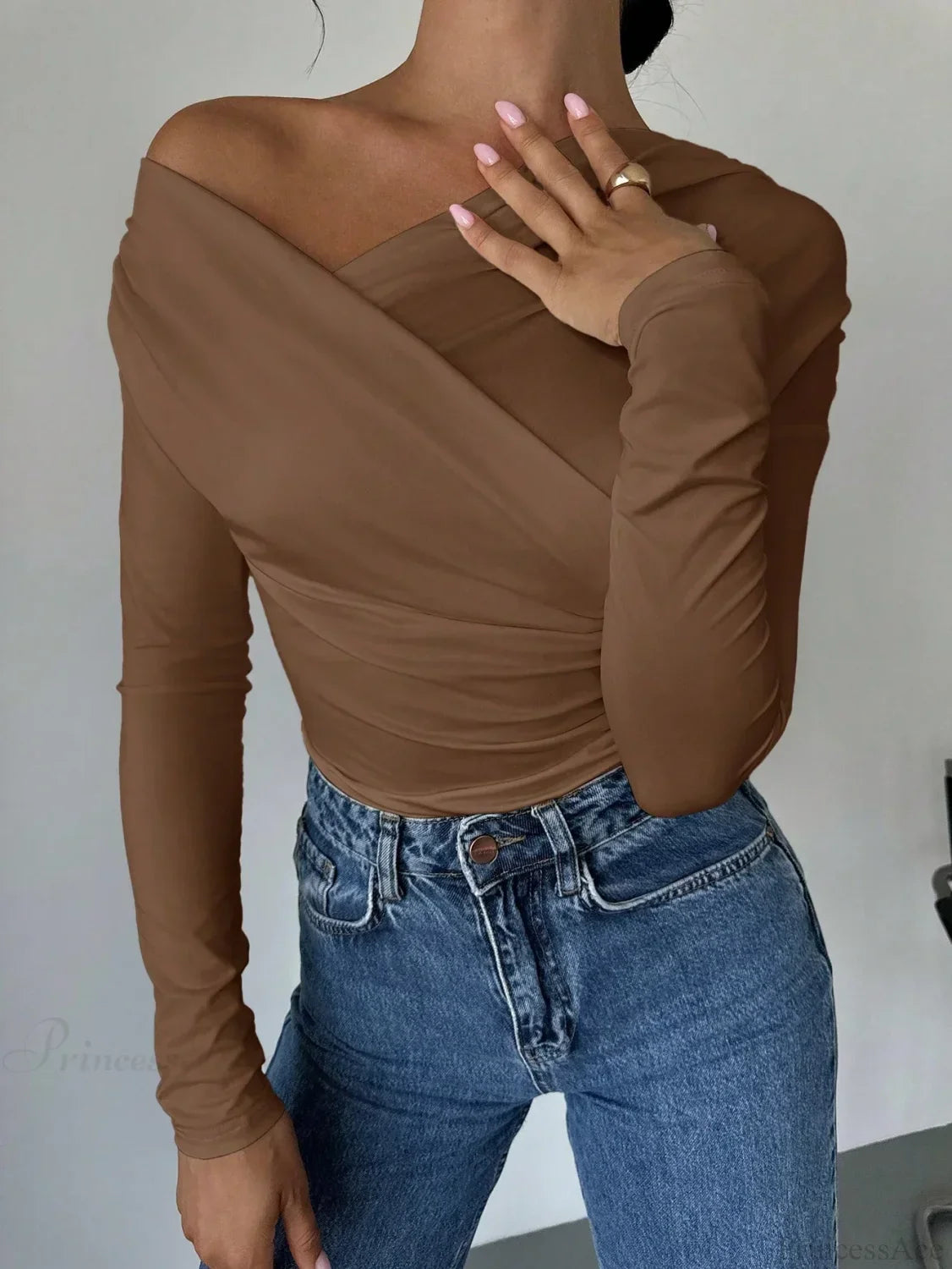 A-Line Shoulder Long Sleeve Slim Knitted T-Shirt Women