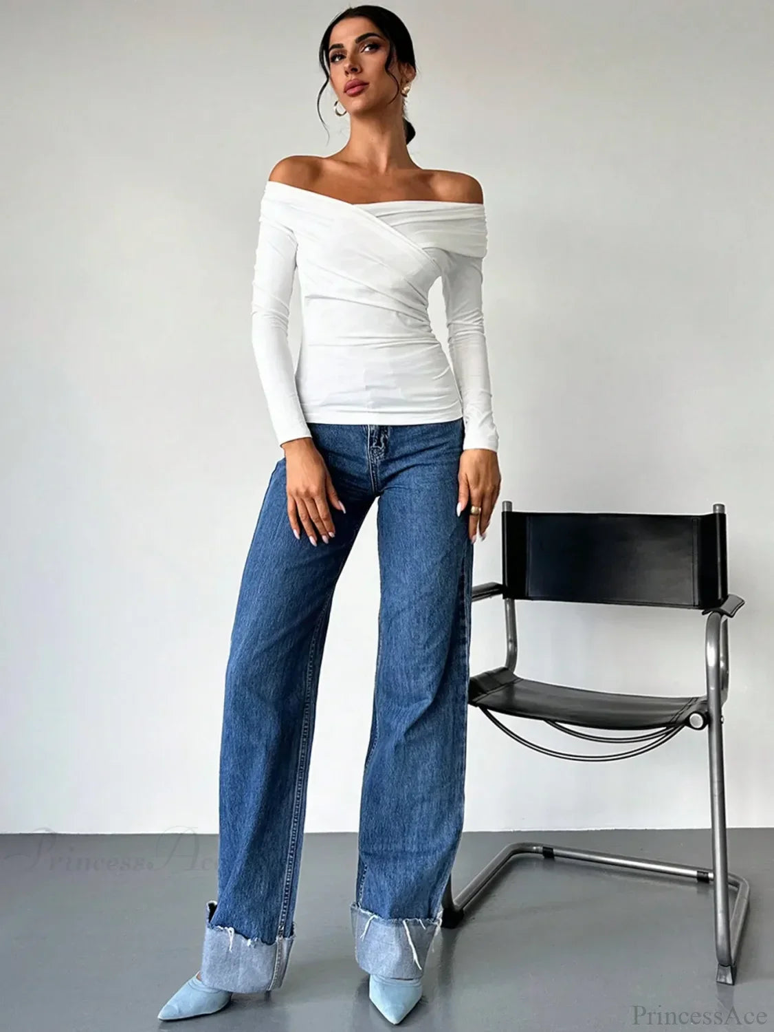 A-Line Shoulder Long Sleeve Slim Knitted T-Shirt Women